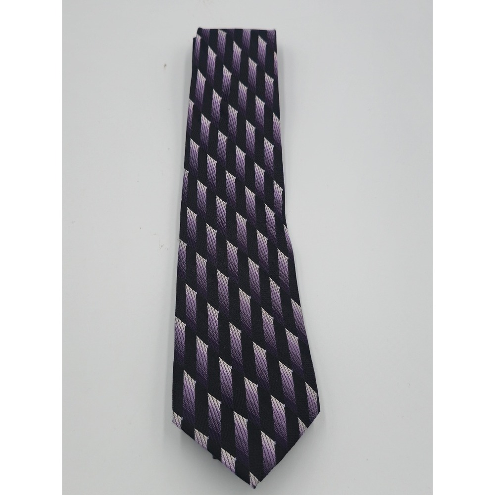 Pierre Cardin Mens Silk Necktie Purple Black Geometric Diagonal Stripe Hand Made